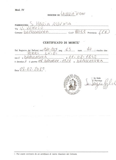 1892 Death Certificate for Luigi Perri.