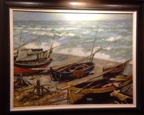 This painting of old wooden boats speaks to the salmon fishing central to the Miramichi River.