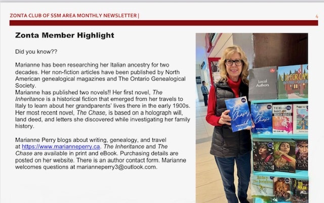 Zonta Newsletter article about Marianne Perry