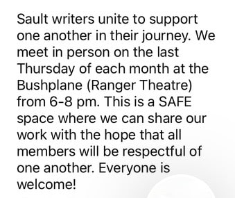 Announcement of monthly event for Sault Writers Forum.
